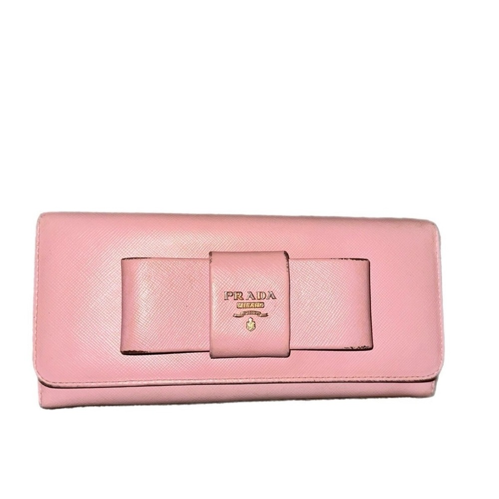 Prada Pink Saffiano Leather Wallet with Bow Detail